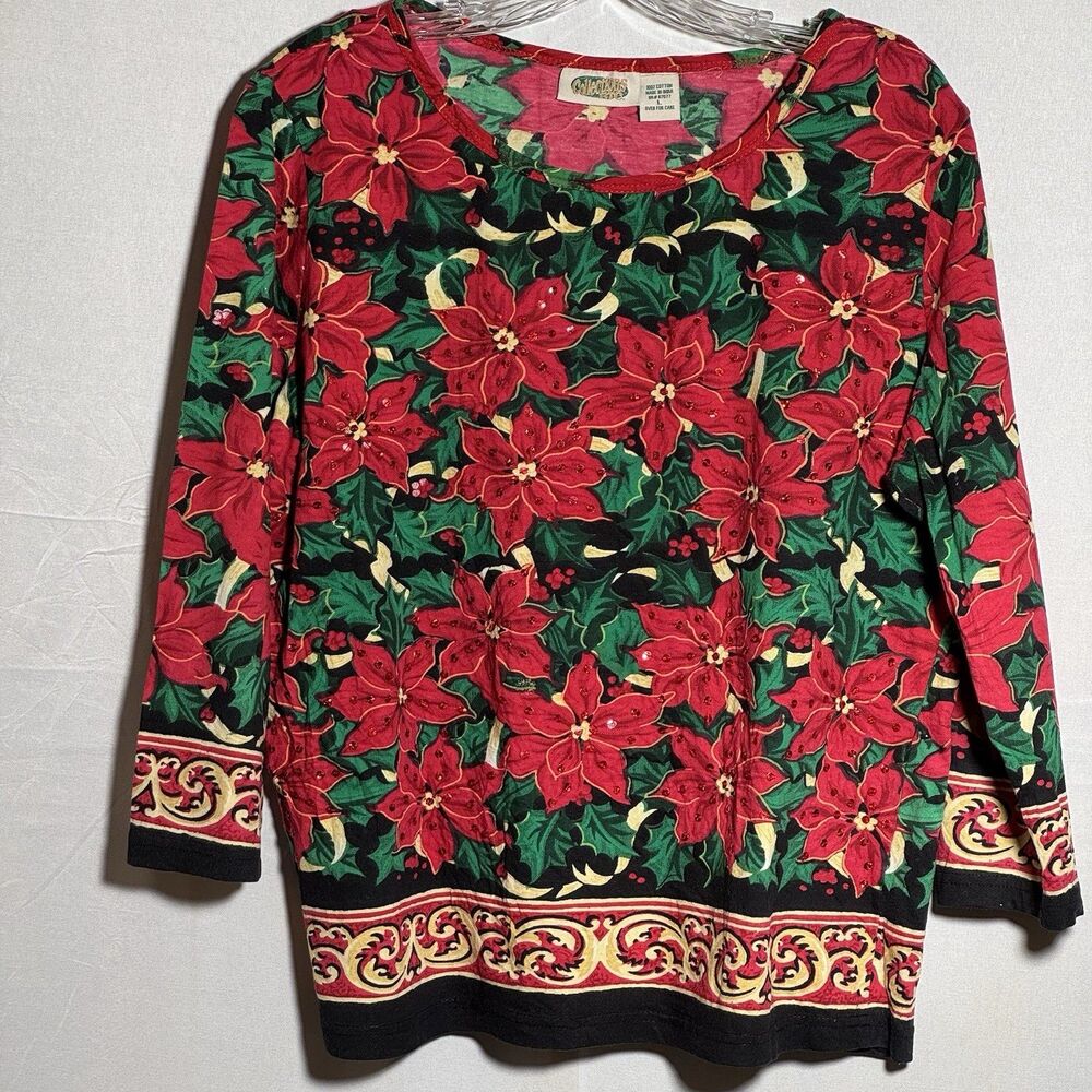 Vintage Collections Etc L Poinsettia Christmas Top Sequin Holiday 100% Cotton